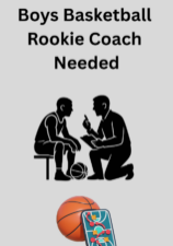 Recruitment graphic for boys basketball rookie coach featuring coach and player silhouette with basketball and clipboard illustration